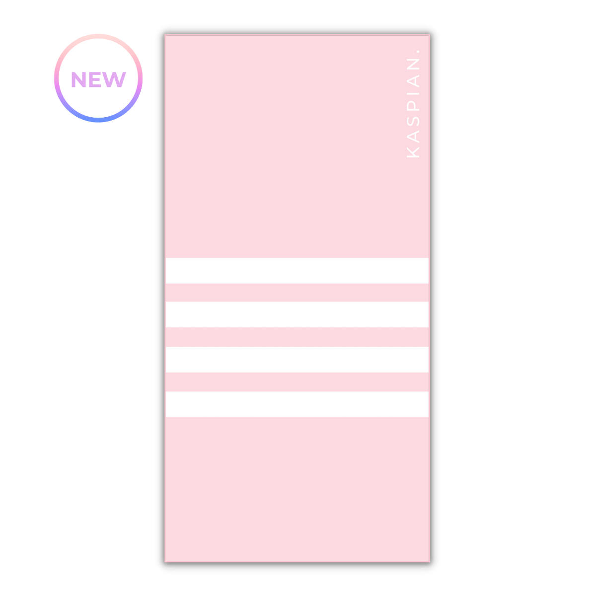 Pink towel with white stripes and 'Kaspan' branding on a white background
