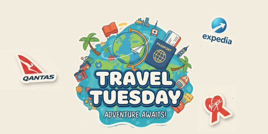Travel Tuesday Benner image with Qantas Virgin and Expedia Graphic